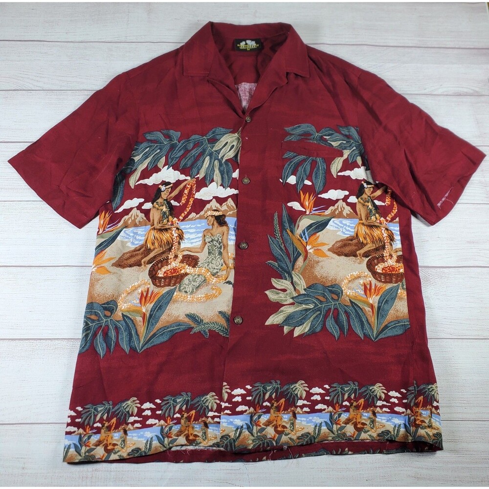 Paradise Bay Hawaiian Made Button Red Short Sleeve Shirt Men Sz M Floral Print